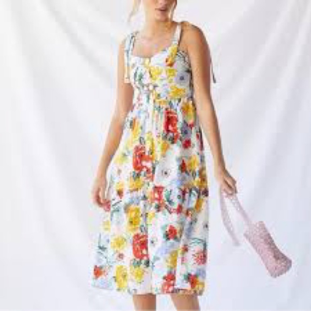 Urban Outfitters Positano Floral Linen Tie-Shoulder Midi Dress